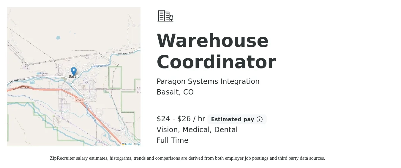 Paragon Systems Integration job posting for a Warehouse Coordinator in Basalt, CO with a salary of $25 to $28 Hourly and benefits including dental, life_insurance, medical, pto, retirement, and vision with a map of Basalt location.