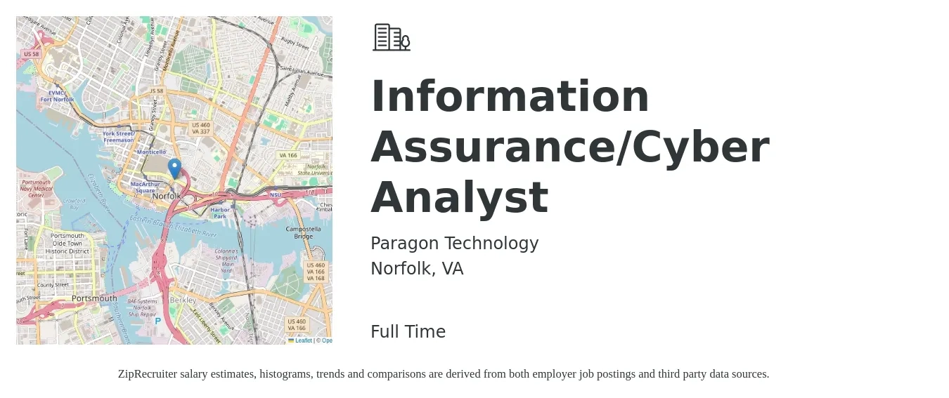 Paragon Technology job posting for a Information Assurance/Cyber Analyst in Norfolk, VA with a salary of $85,900 to $117,900 Yearly with a map of Norfolk location.