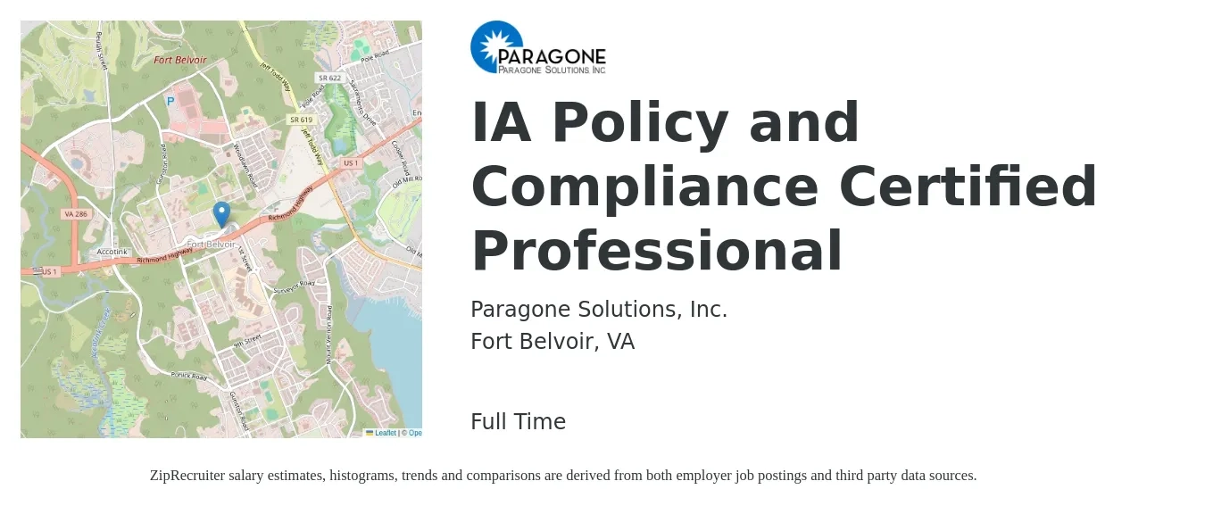 Paragone Solutions, Inc. job posting for a IA Policy and Compliance Certified Professional in Fort Belvoir, VA with a salary of $69,500 to $130,000 Yearly with a map of Fort Belvoir location.