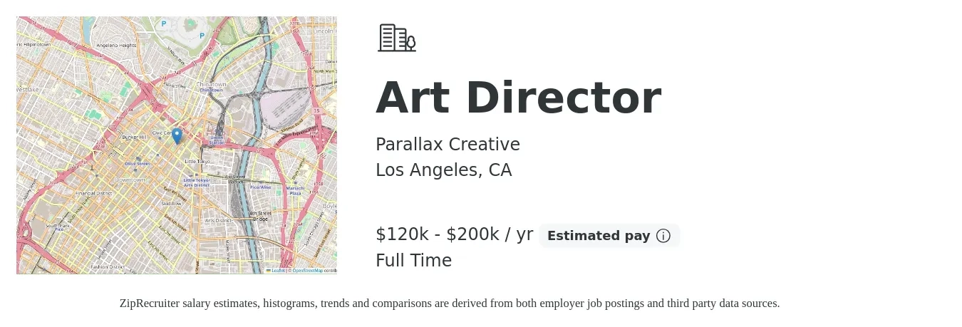 Parallax Creative job posting for a Art Director in Los Angeles, CA with a salary of $120,000 to $200,000 Yearly with a map of Los Angeles location.
