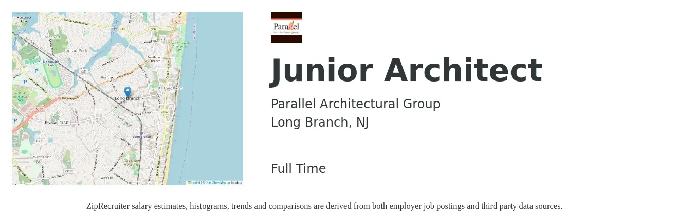 Parallel Architectural Group job posting for a Junior Architect in Long Branch, NJ with a salary of $58,800 to $75,100 Yearly with a map of Long Branch location.