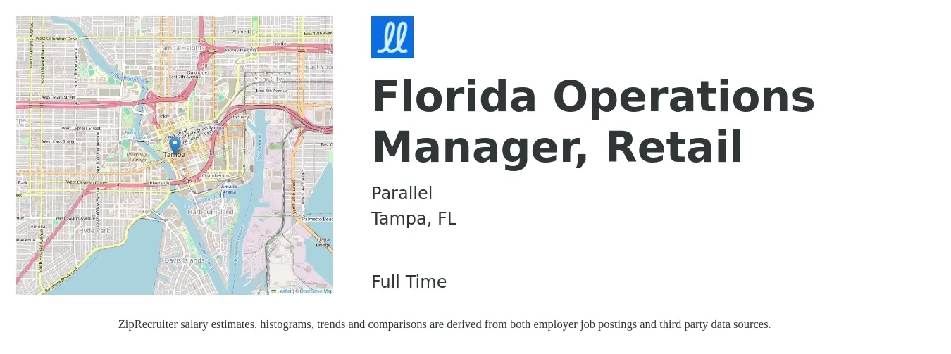 Parallel job posting for a Florida Operations Manager, Retail in Tampa, FL with a salary of $17 to $24 Hourly with a map of Tampa location.