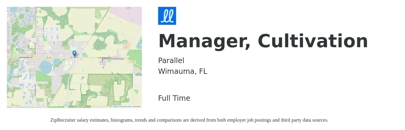 Parallel job posting for a Manager, Cultivation in Wimauma, FL with a salary of $32,700 to $53,300 Yearly with a map of Wimauma location.