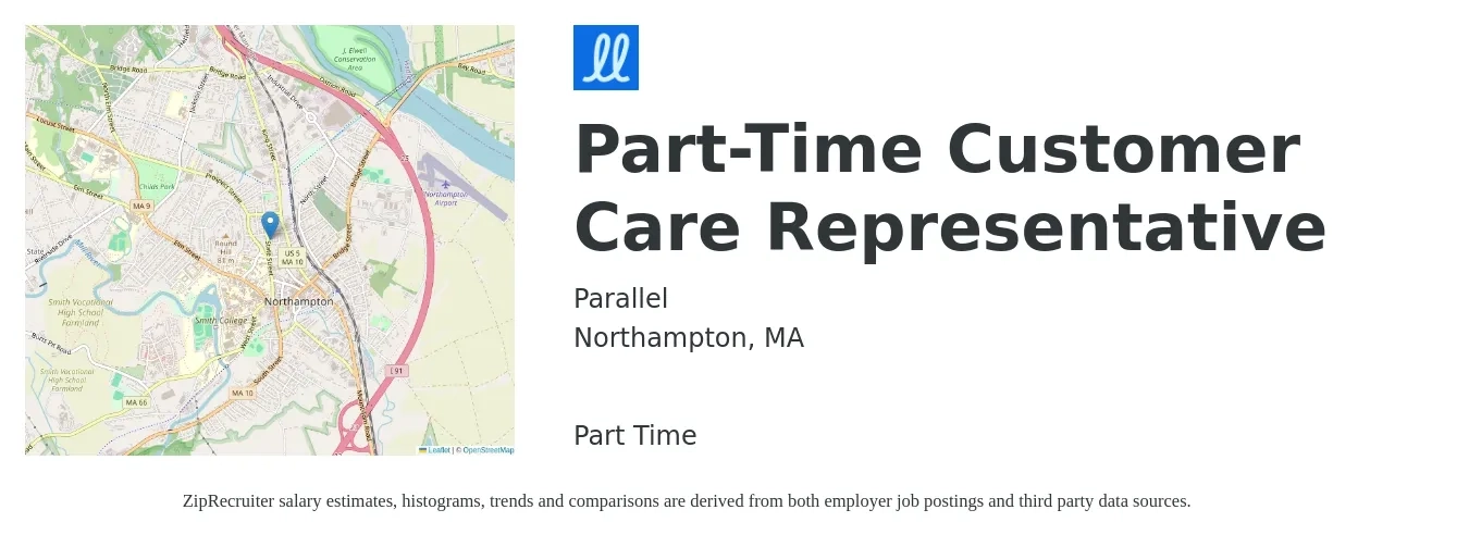 Parallel job posting for a Part-Time Customer Care Representative in Northampton, MA with a salary of $16 to $22 Hourly with a map of Northampton location.