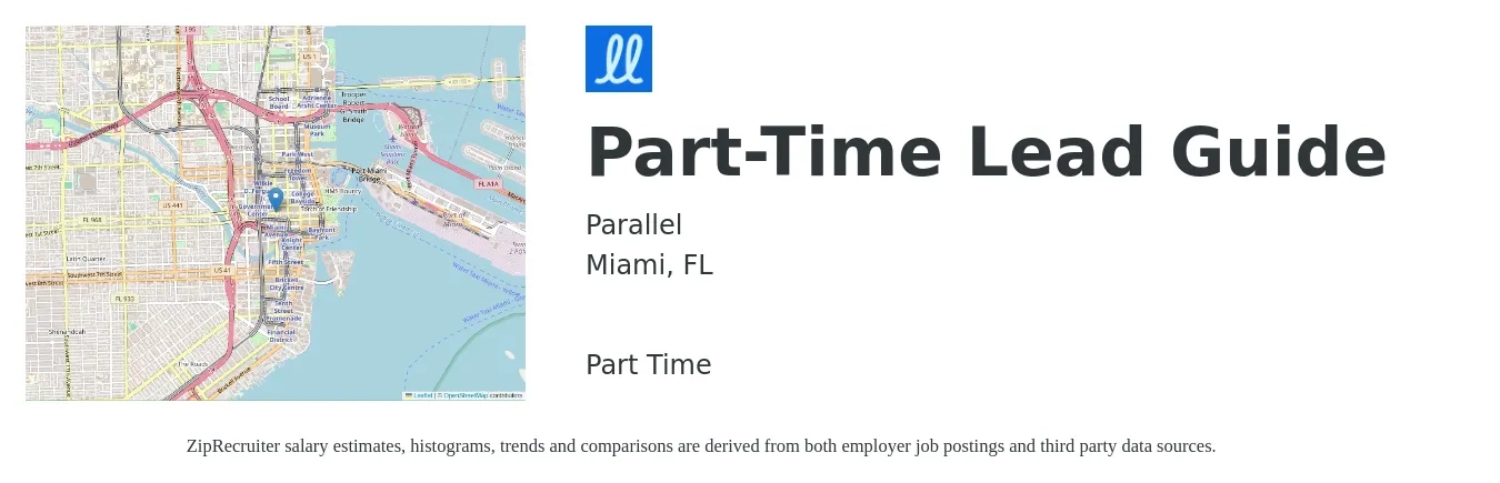 Parallel job posting for a Part-Time Lead Guide in Miami, FL with a map of Miami location.