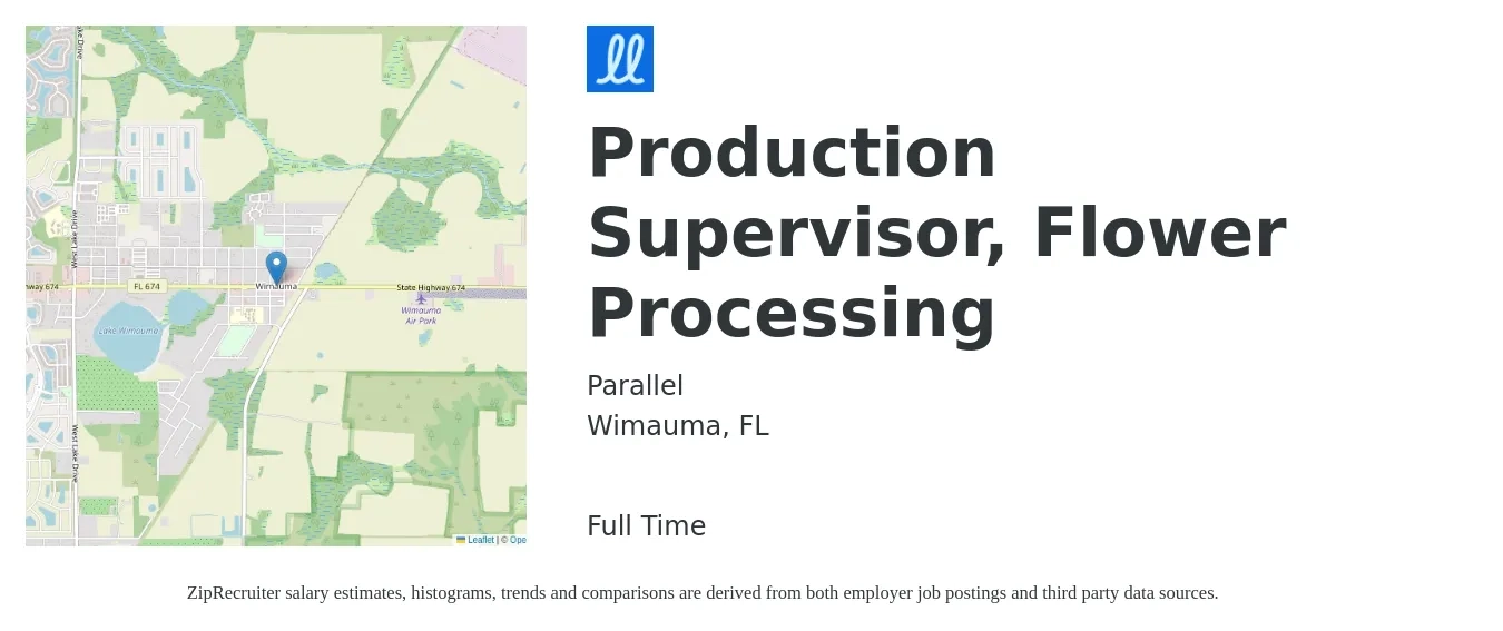 Parallel job posting for a Production Supervisor, Flower Processing in Wimauma, FL with a salary of $43,600 to $62,700 Yearly with a map of Wimauma location.