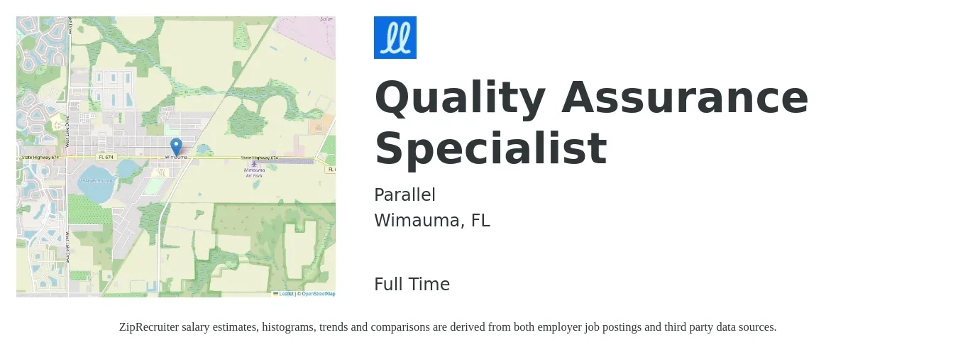 Parallel job posting for a Quality Assurance Specialist in Wimauma, FL with a salary of $44,400 to $65,800 Yearly with a map of Wimauma location.