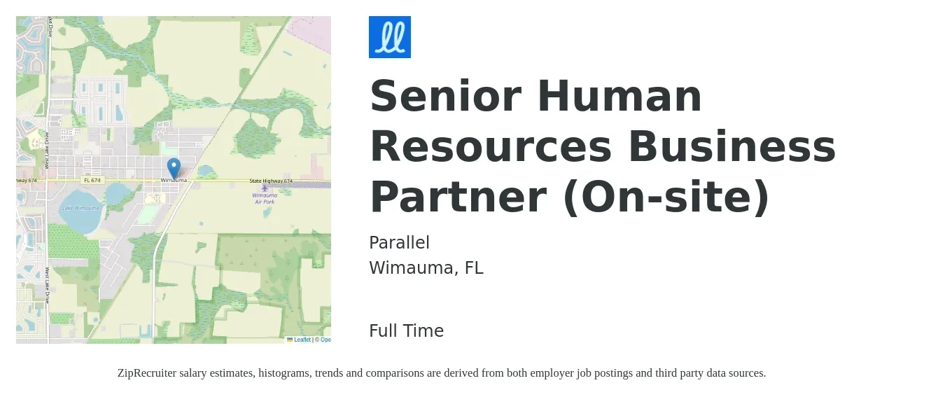 Parallel job posting for a Senior Human Resources Business Partner (On-site) in Wimauma, FL with a salary of $63,800 to $90,700 Yearly with a map of Wimauma location.
