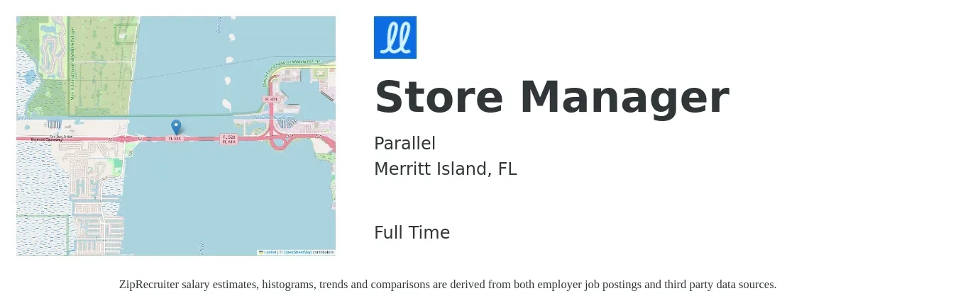 Parallel job posting for a Store Manager in Merritt Island, FL with a salary of $43,500 to $67,600 Yearly with a map of Merritt Island location.