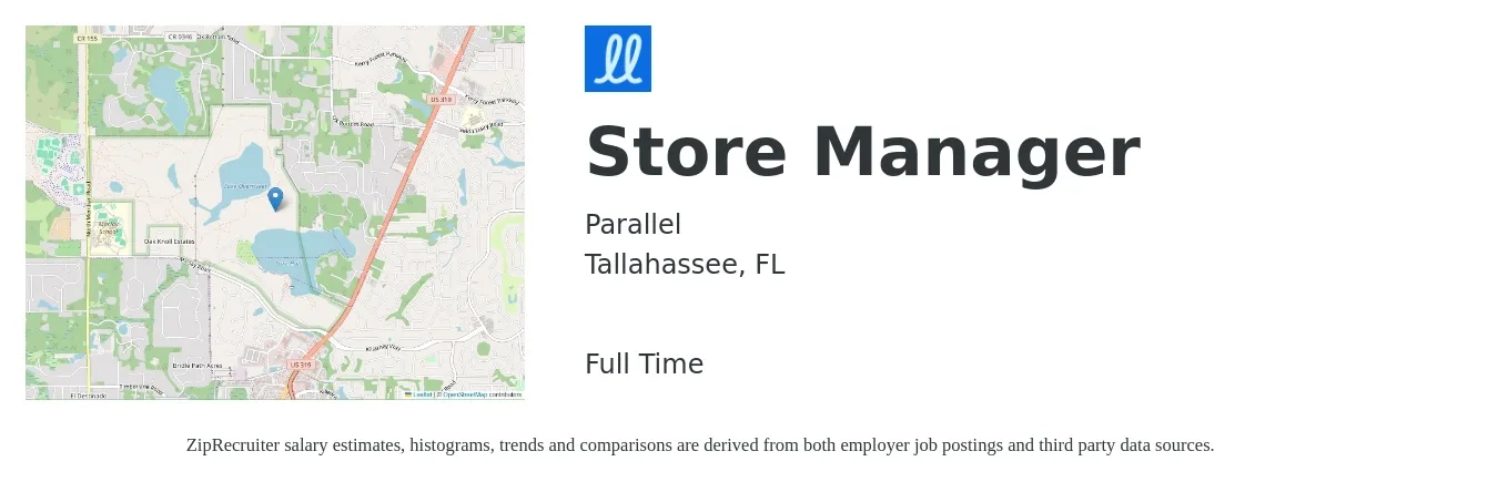 Parallel job posting for a Store Manager in Tallahassee, FL with a salary of $39,400 to $61,300 Yearly with a map of Tallahassee location.