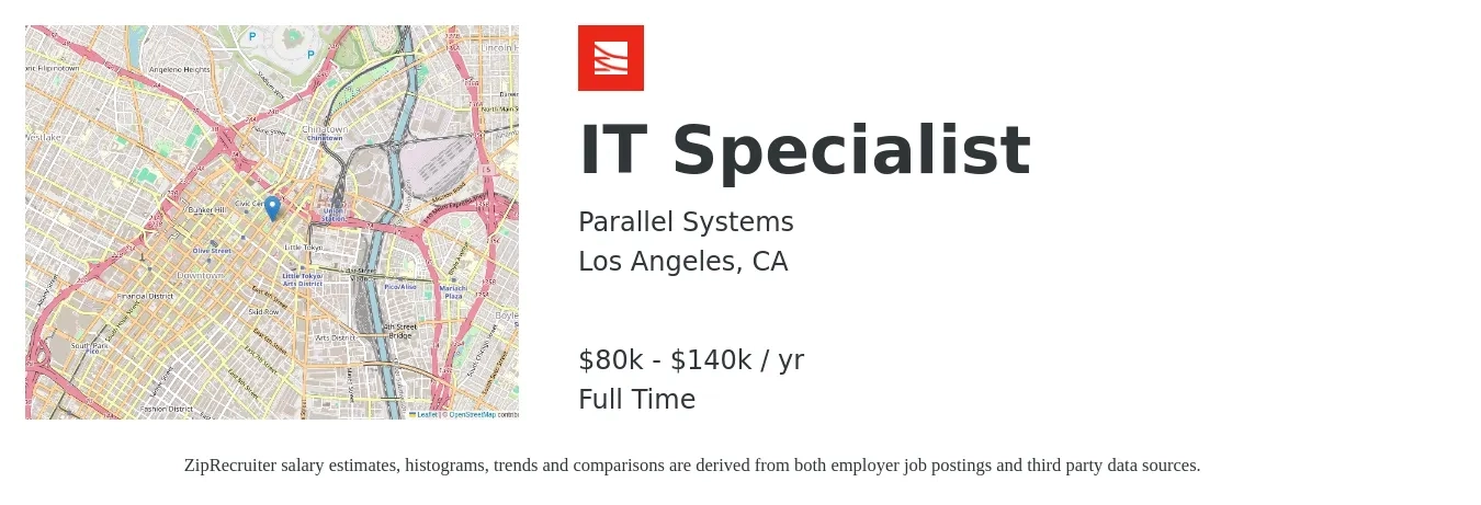 Parallel Systems job posting for a IT Specialist in Los Angeles, CA with a salary of $80,000 to $140,000 Yearly with a map of Los Angeles location.