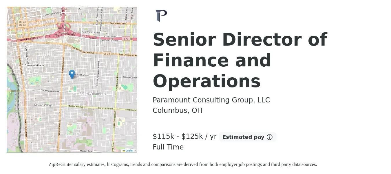 Paramount Consulting Group, LLC job posting for a Senior Director of Finance and Operations in Columbus, OH with a salary of $115,000 to $125,000 Yearly with a map of Columbus location.