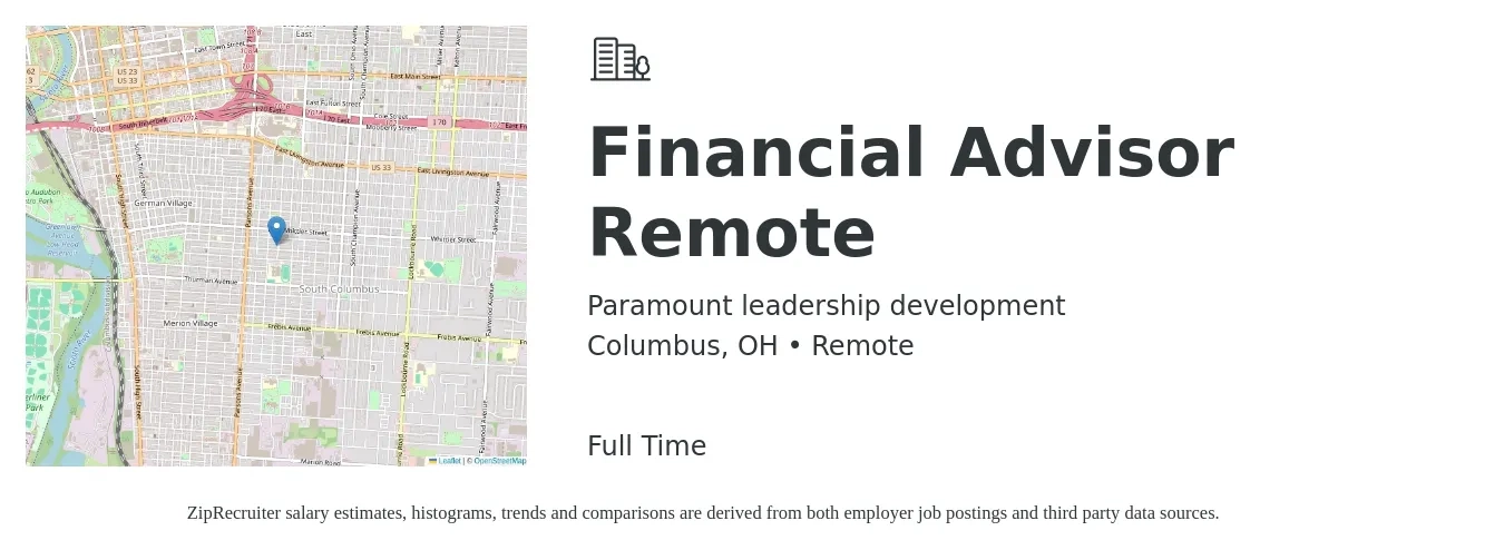 Paramount leadership development job posting for a Financial Advisor Remote in Columbus, OH with a salary of $72,400 to $126,500 Yearly with a map of Columbus location.