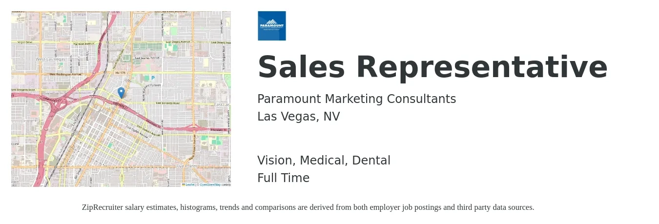 Paramount Marketing Consultants job posting for a Sales Representative in Las Vegas, NV with a salary of $700 to $1,600 Weekly (plus commission) and benefits including dental, life_insurance, medical, and vision with a map of Las Vegas location.