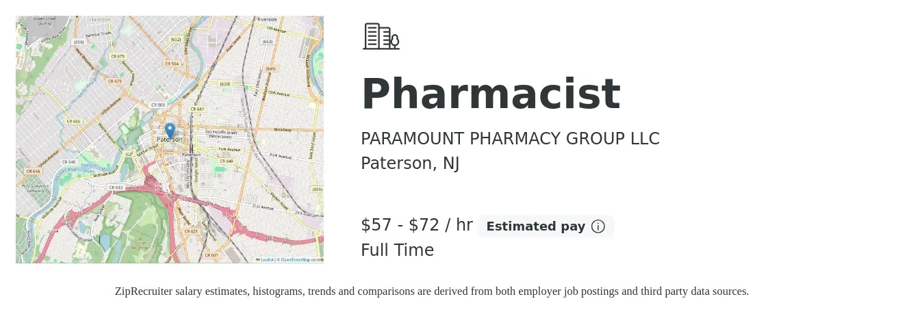 PARAMOUNT PHARMACY GROUP LLC job posting for a Pharmacist in Paterson, NJ with a salary of $60 to $75 Hourly with a map of Paterson location.