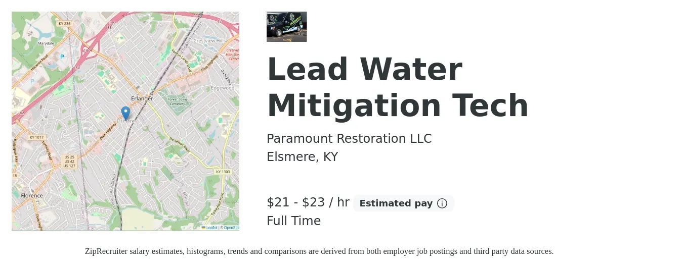 Paramount Restoration LLC job posting for a Lead Water Mitigation Tech in Elsmere, KY with a salary of $22 to $24 Hourly with a map of Elsmere location.