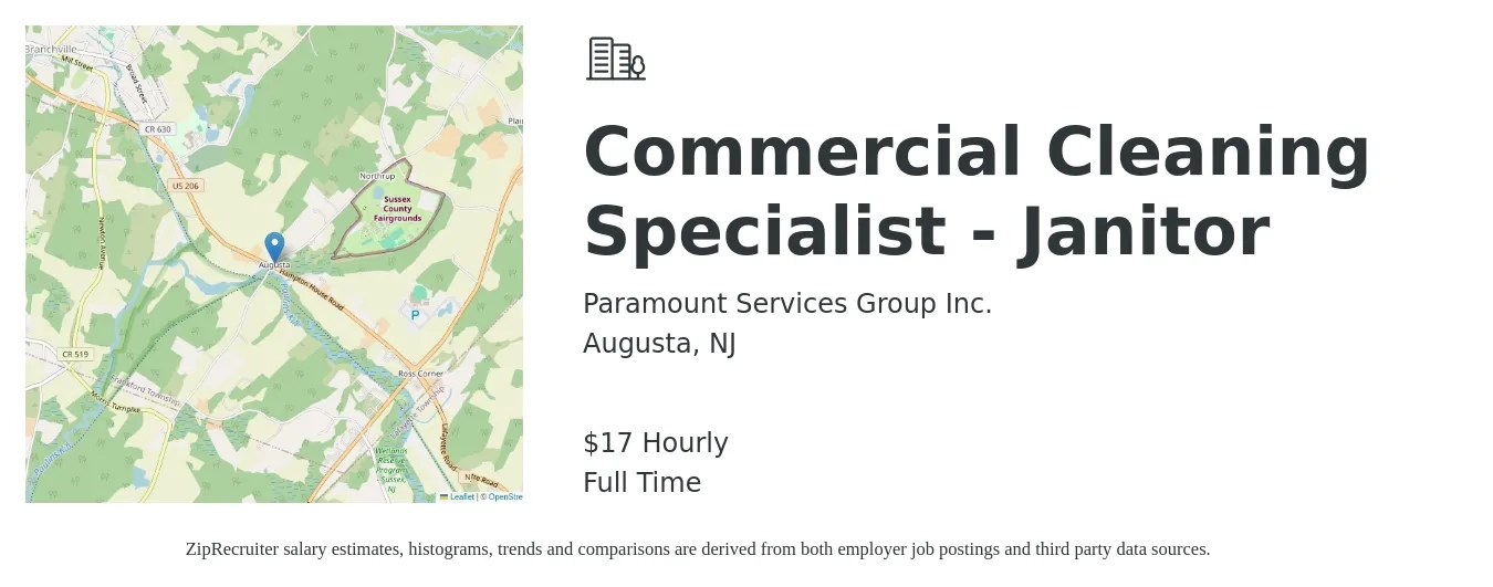 Paramount Services Group Inc. job posting for a Commercial Cleaning Specialist - Janitor in Augusta, NJ with a salary of $18 Hourly with a map of Augusta location.
