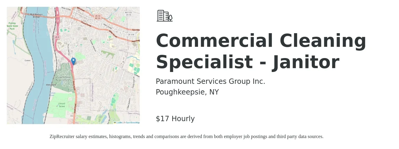 Paramount Services Group Inc. job posting for a Commercial Cleaning Specialist - Janitor in Poughkeepsie, NY with a salary of $18 Hourly with a map of Poughkeepsie location.
