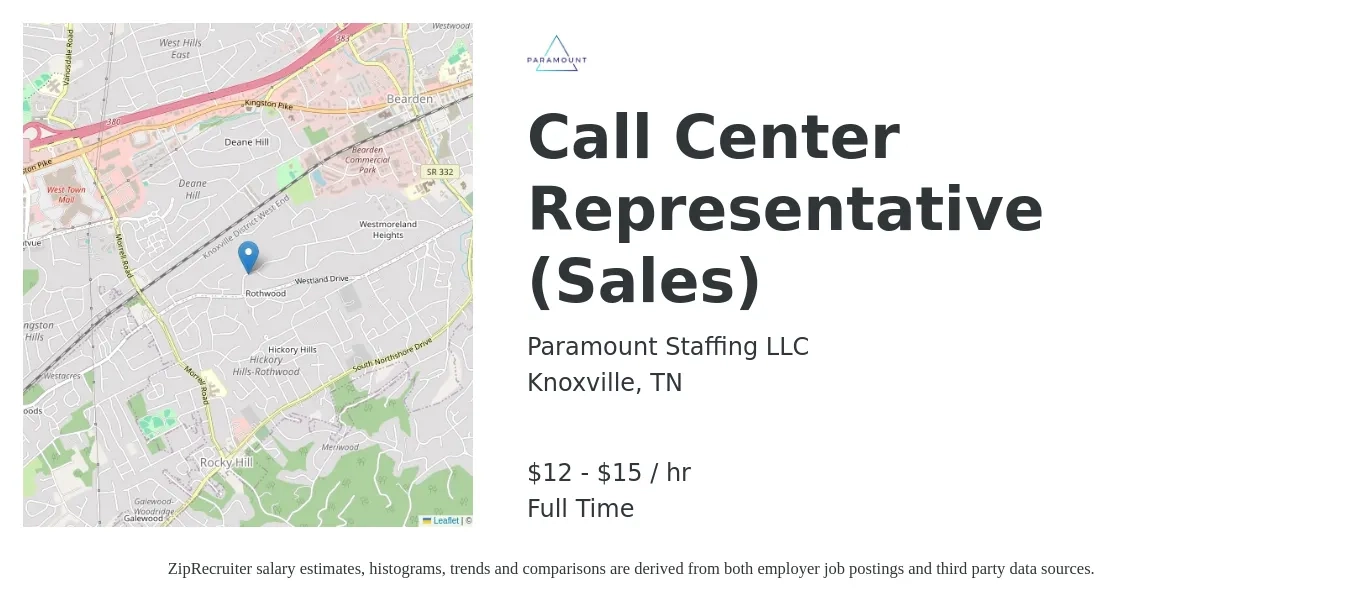 Paramount Staffing LLC job posting for a Call Center Representative (Sales) in Knoxville, TN with a salary of $13 to $16 Hourly with a map of Knoxville location.