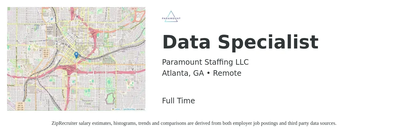Paramount Staffing LLC job posting for a Data Specialist in Atlanta, GA with a salary of $21 to $40 Hourly with a map of Atlanta location.