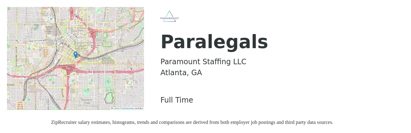 Paramount Staffing LLC job posting for a Paralegals in Atlanta, GA with a salary of $46,200 to $65,900 Yearly with a map of Atlanta location.