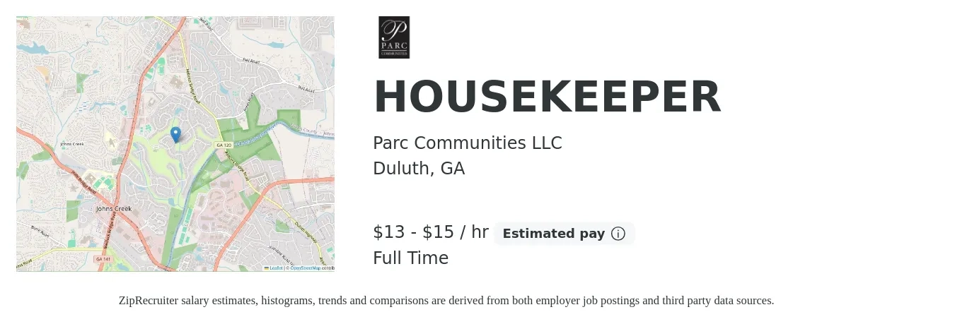 Parc Communities LLC job posting for a HOUSEKEEPER in Duluth, GA with a salary of $14 to $16 Hourly with a map of Duluth location.