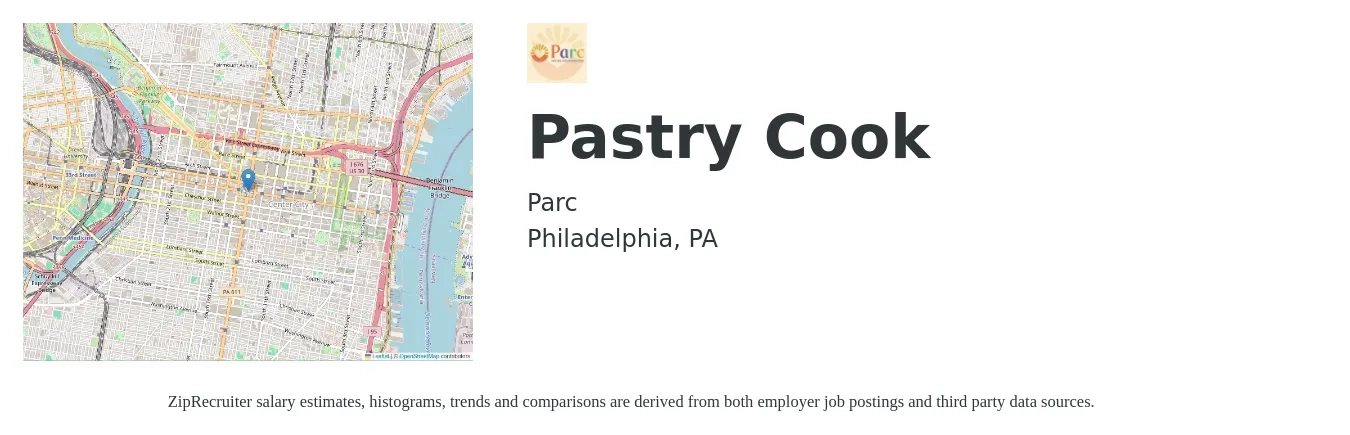 Parc job posting for a Pastry Cook in Philadelphia, PA with a salary of $18 to $22 Hourly with a map of Philadelphia location.