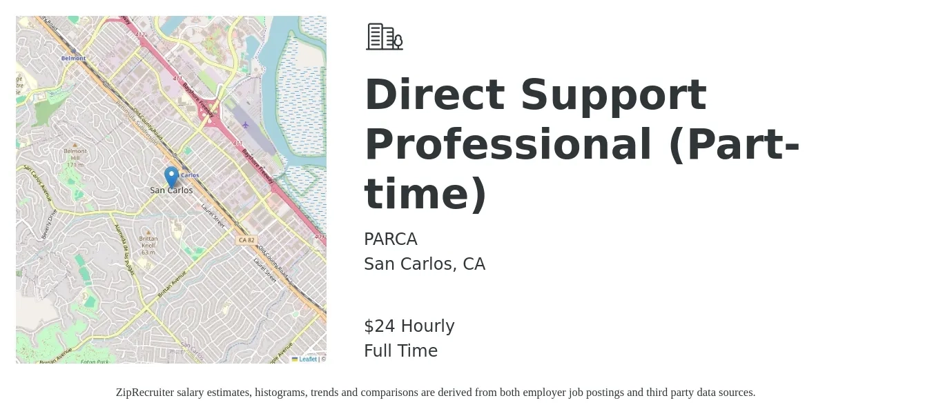 PARCA job posting for a Direct Support Professional (Part-time) in San Carlos, CA with a salary of $25 Hourly and benefits including pto with a map of San Carlos location.