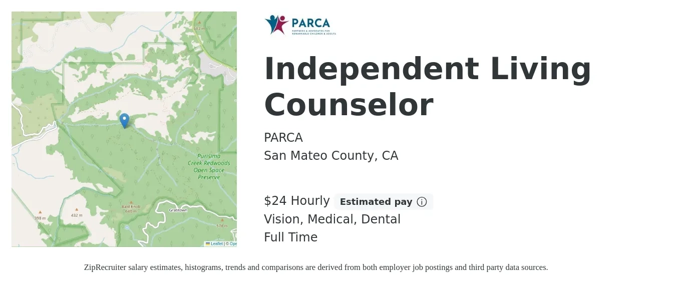 PARCA job posting for a Independent Living Counselor in San Mateo County, CA with a salary of $25 Hourly and benefits including medical, pto, vision, and dental with a map of San Mateo County location.