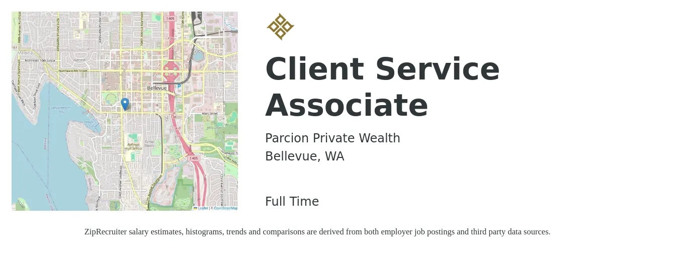 Parcion Private Wealth job posting for a Client Service Associate in Bellevue, WA with a salary of $16 to $22 Hourly with a map of Bellevue location.