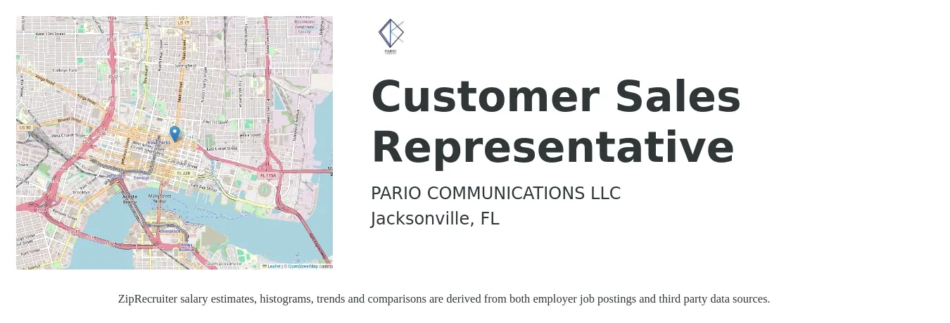 Pario Communications job posting for a Customer Sales Representative in Jacksonville, FL with a salary of $700 to $910 Weekly with a map of Jacksonville location.