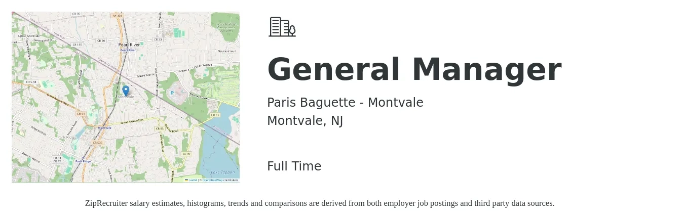 Paris Baguette - Montvale job posting for a General Manager in Montvale, NJ with a salary of $51,700 to $77,400 Yearly with a map of Montvale location.
