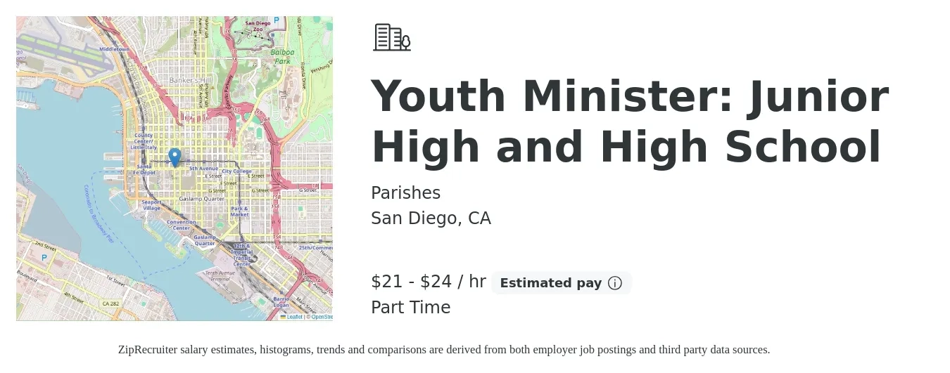 Parishes job posting for a Youth Minister: Junior High and High School in San Diego, CA with a salary of $22 to $25 Hourly with a map of San Diego location.