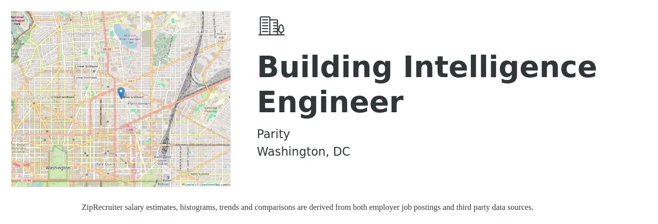 Parity Inc. job posting for a Building Intelligence Engineer in Washington, DC with a salary of $30 to $43 Hourly with a map of Washington location.