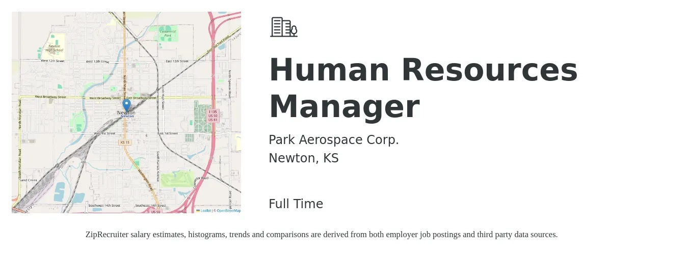 Park Aerospace Corp. job posting for a Human Resources Manager in Newton, KS with a salary of $75,000 to $90,000 Yearly with a map of Newton location.