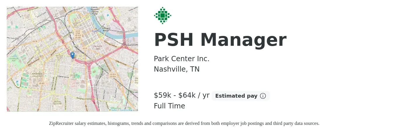 Park Center Inc. job posting for a PSH Manager in Nashville, TN with a salary of $59,964 to $64,761 Yearly with a map of Nashville location.