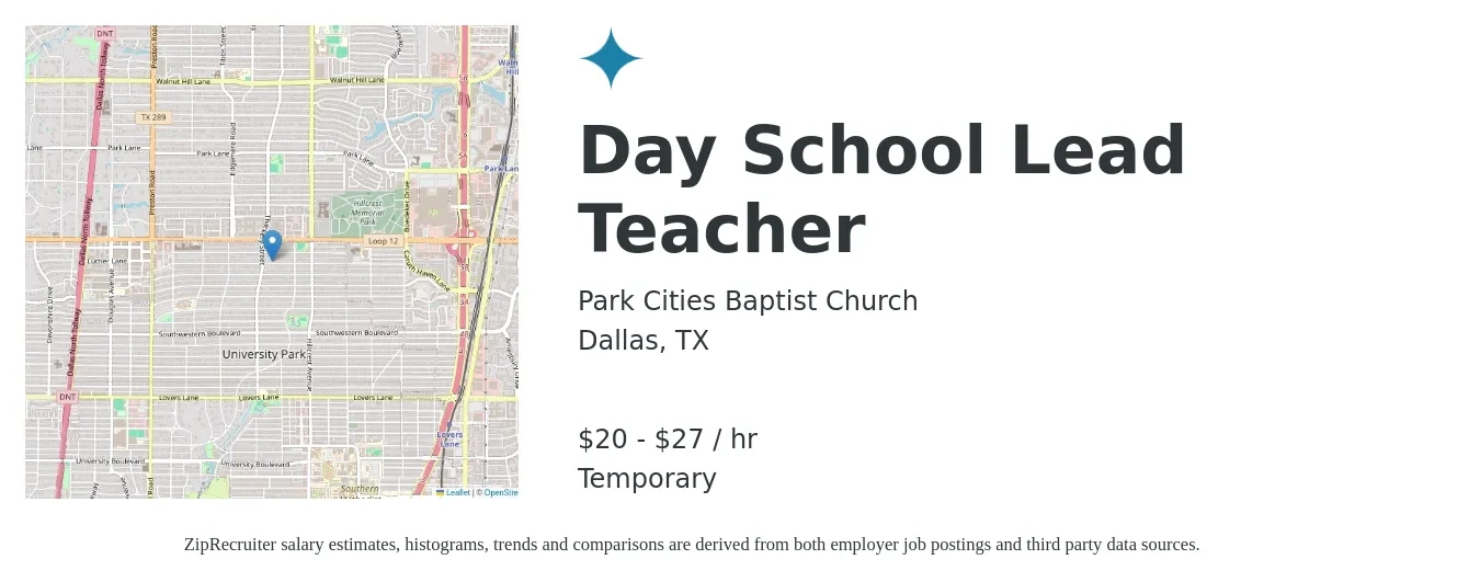 Park Cities Baptist Church job posting for a Day School Lead Teacher in Dallas, TX with a salary of $21 to $29 Hourly with a map of Dallas location.
