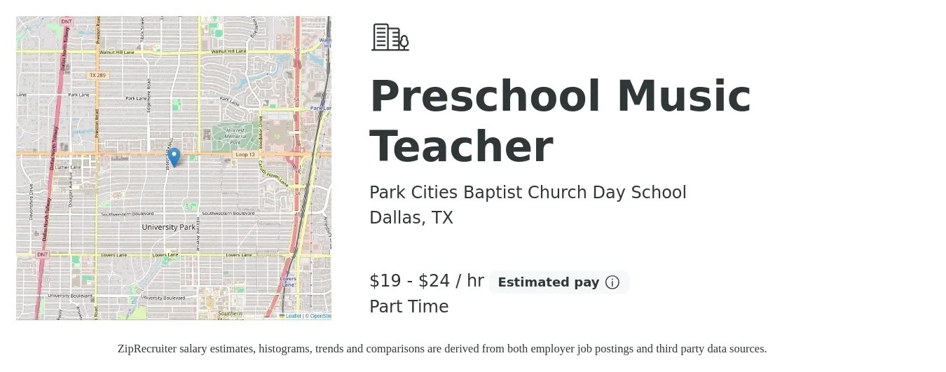 Park Cities Baptist Church Day School job posting for a Preschool Music Teacher in Dallas, TX with a salary of $20 to $25 Hourly and benefits including pto with a map of Dallas location.