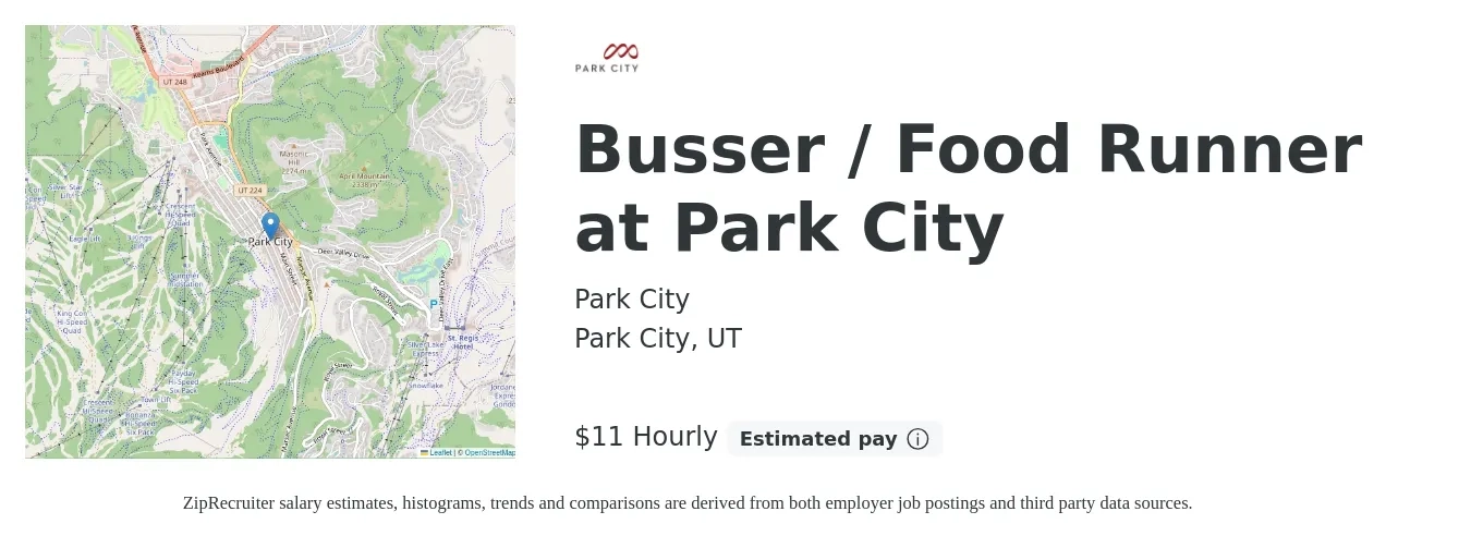 Park City job posting for a Busser / Food Runner at Park City in Park City, UT with a salary of $12 Hourly with a map of Park City location.
