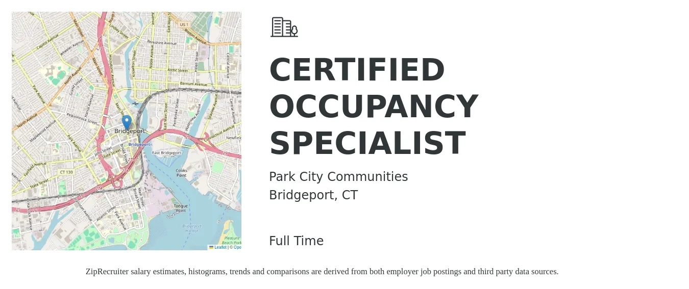 Park City Communities job posting for a CERTIFIED OCCUPANCY SPECIALIST in Bridgeport, CT with a salary of $20 to $26 Hourly with a map of Bridgeport location.