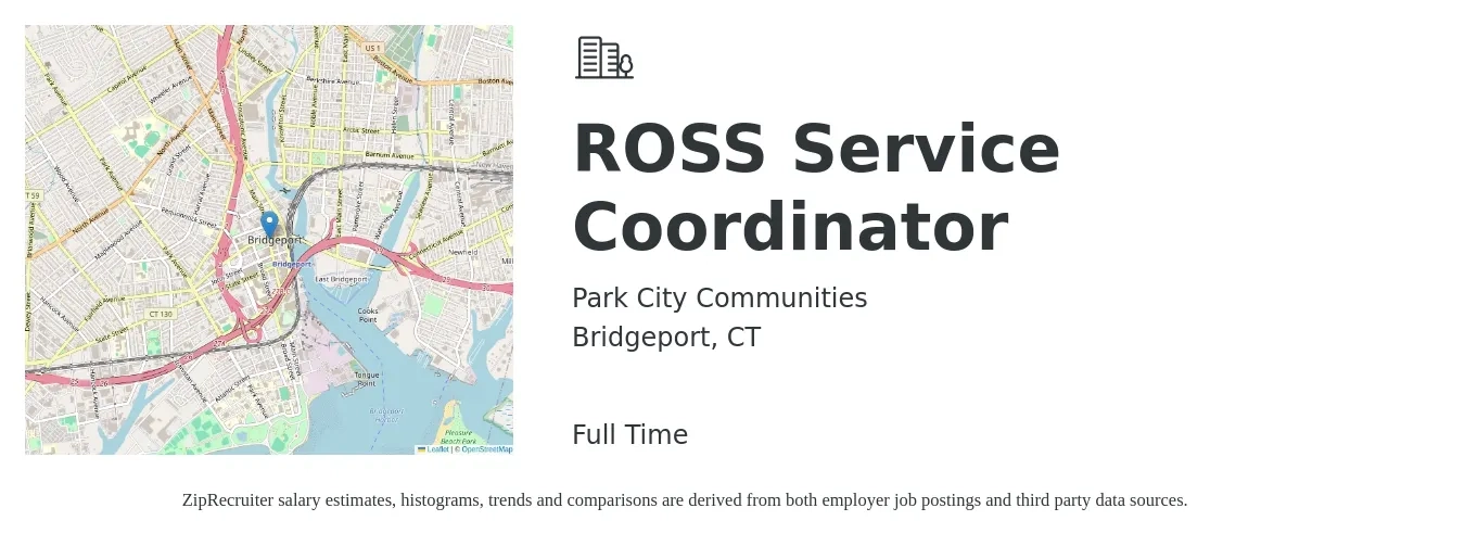 Park City Communities job posting for a ROSS Service Coordinator in Bridgeport, CT with a salary of $20 to $26 Hourly with a map of Bridgeport location.