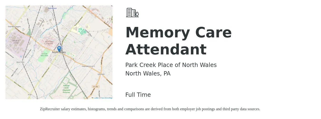 Park Creek Place of North Wales job posting for a Memory Care Attendant in North Wales, PA with a map of North Wales location.