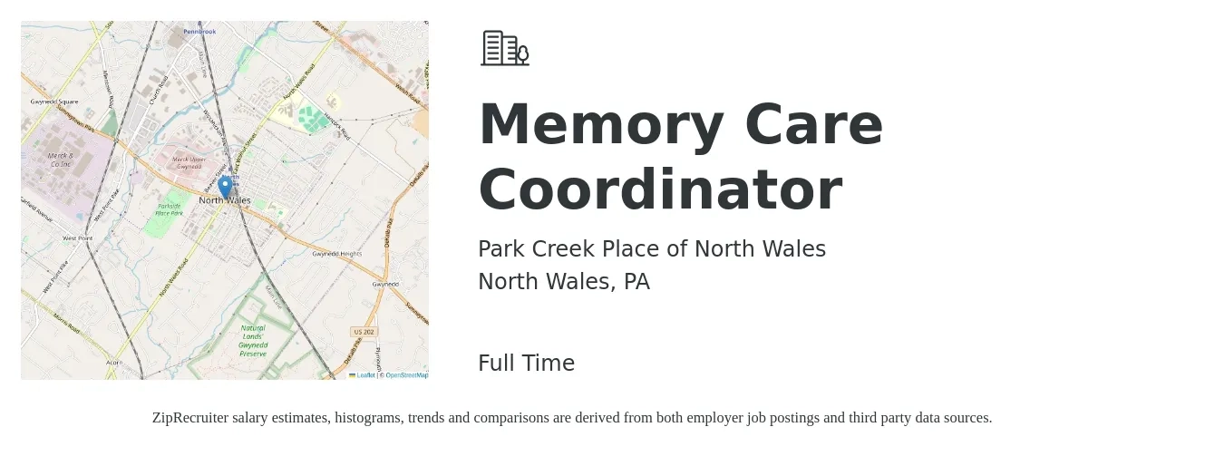 Park Creek Place of North Wales job posting for a Memory Care Coordinator in North Wales, PA with a salary of $18 to $28 Hourly with a map of North Wales location.