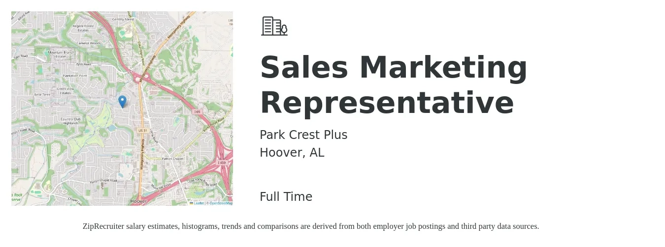 Park Crest Plus job posting for a Sales Marketing Representative in Hoover, AL with a salary of $37,500 to $40,000 Yearly (plus commission) and benefits including vision, dental, and medical with a map of Hoover location.