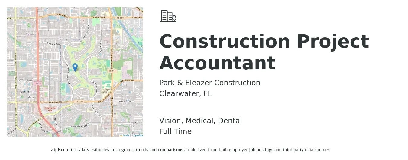 Park & Eleazer Construction job posting for a Construction Project Accountant in Clearwater, FL with a salary of $56,200 to $73,700 Yearly and benefits including dental, life_insurance, medical, retirement, and vision with a map of Clearwater location.