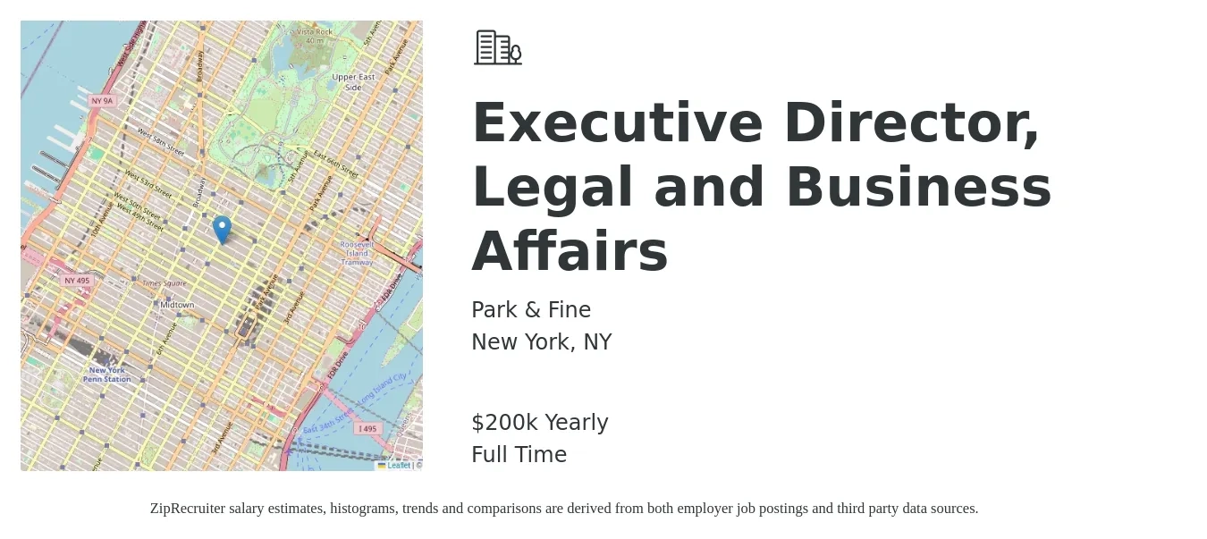 Park & Fine job posting for a Executive Director, Legal and Business Affairs in New York, NY with a salary of $200,000 Yearly with a map of New York location.
