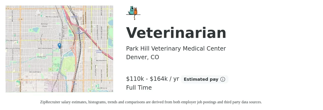 Park Hill Veterinary Medical Center job posting for a Veterinarian in Denver, CO with a salary of $110,000 to $164,000 Yearly with a map of Denver location.