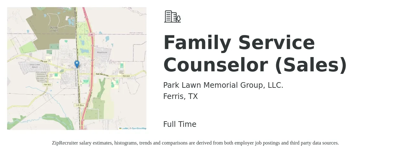 Park Lawn Memorial Group, LLC. job posting for a Family Service Counselor (Sales) in Ferris, TX with a salary of $23 to $33 Hourly with a map of Ferris location.