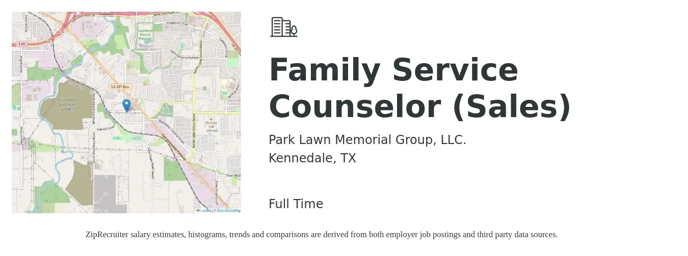 Park Lawn Memorial Group, LLC. job posting for a Family Service Counselor (Sales) in Kennedale, TX with a salary of $22 to $31 Hourly with a map of Kennedale location.