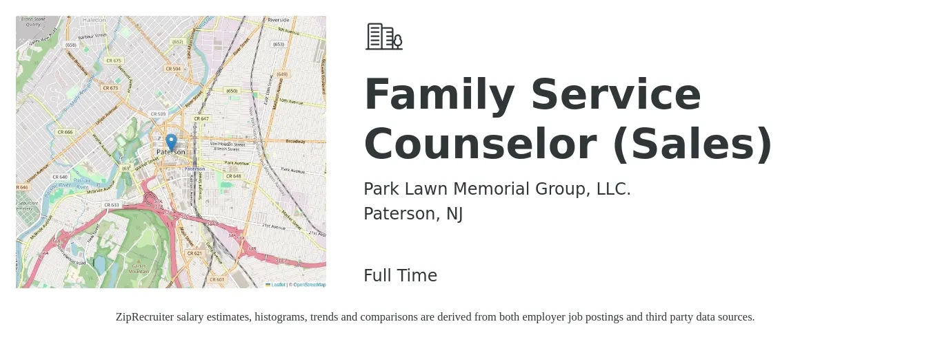 Park Lawn Memorial Group, LLC. job posting for a Family Service Counselor (Sales) in Paterson, NJ with a salary of $25 to $35 Hourly with a map of Paterson location.